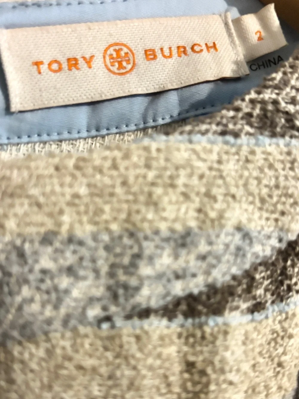 Tory Burch Sleeveless Tweed Dress Cream Grey Sky Blue Striped Fringe Trim Size 2